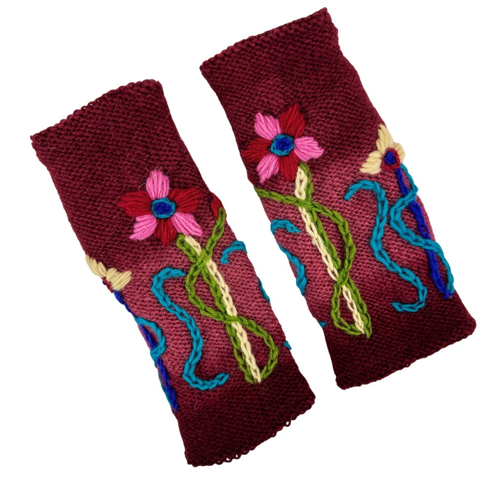 Hand Knit Floral Embroidered Fingerless Gloves Burgundy Ombre Boho Wool Mitten